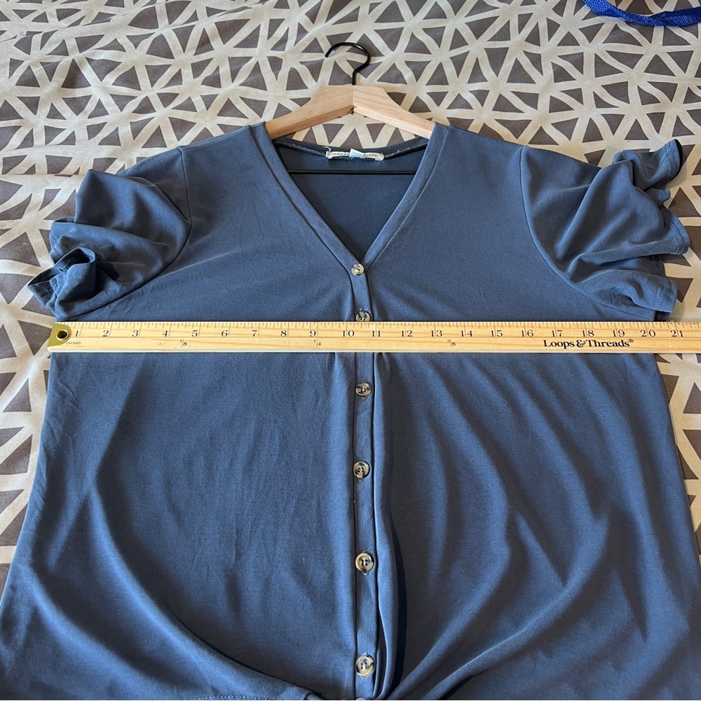 Green Envelop Soft Modal Blue V Neck Button Front Flutter Sleeve Popover Top - Picture 9 of 10